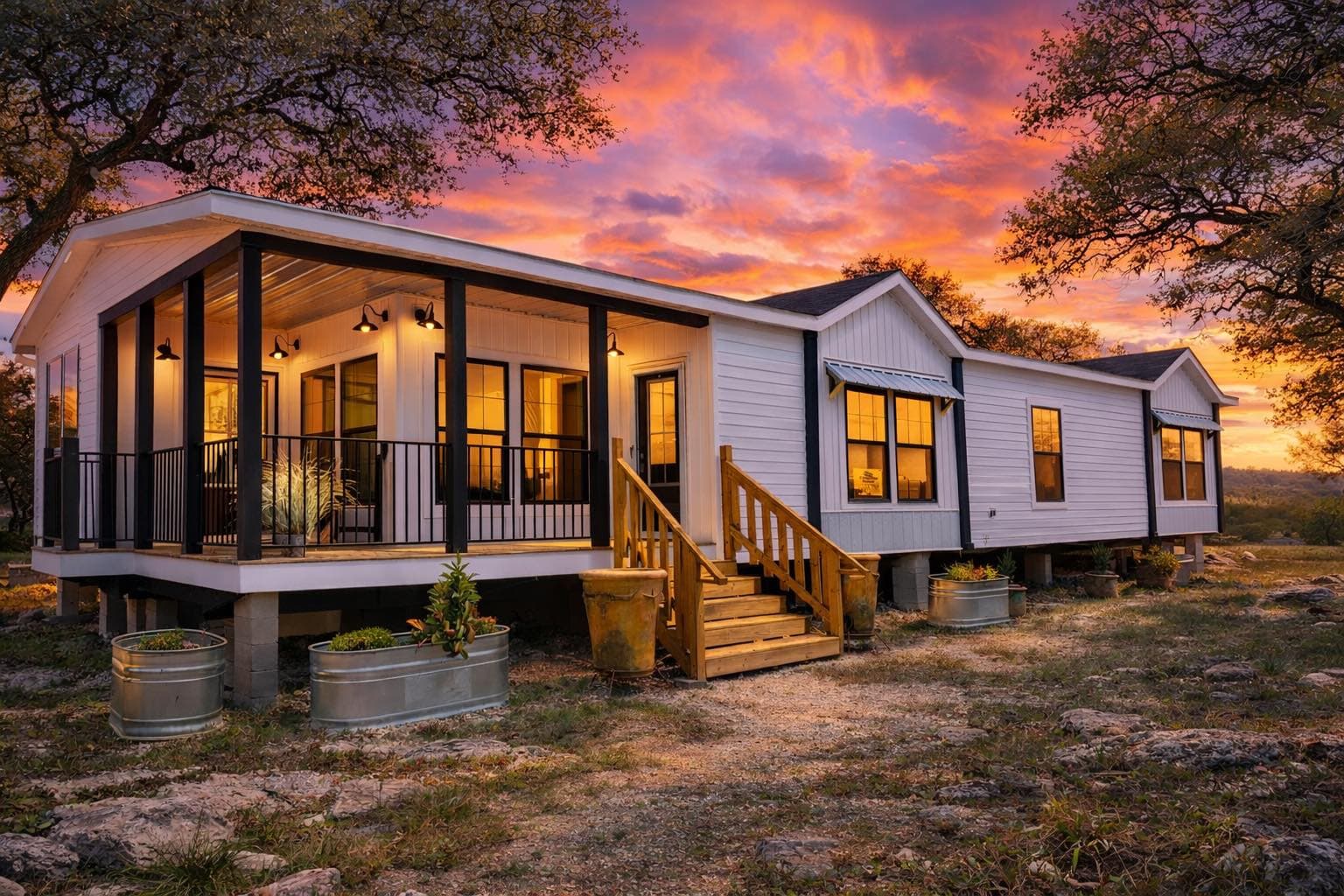 Doublewide manufactured home on Texas land at sunset